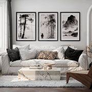 Bamboo Mountain Ink Painting for dark japandi interior design - Black Framed Poster with White Border - Artworksets