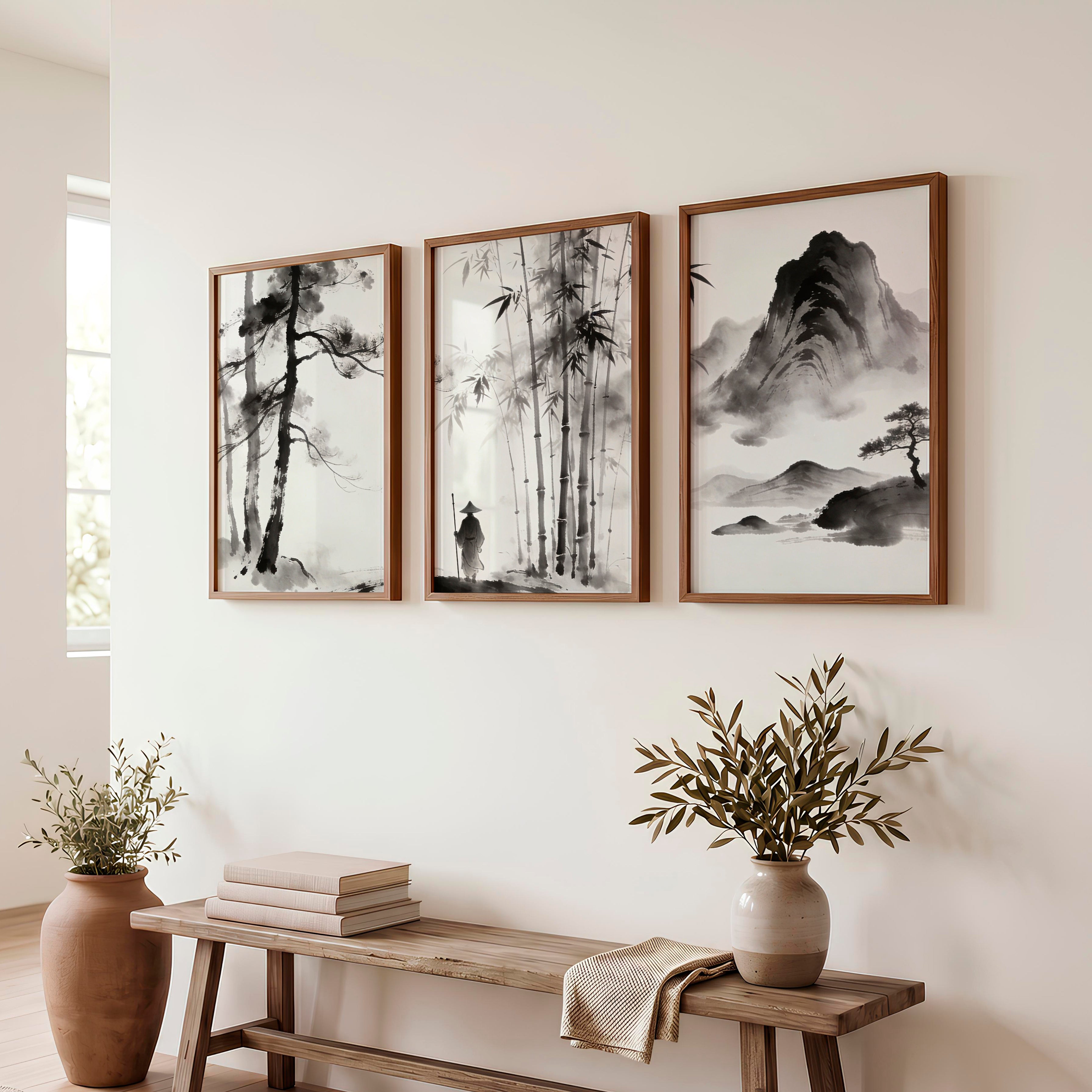 Bamboo Mountain Ink Painting for dark japandi interior design - Dark Brown Framed Poster No Border - Artworksets