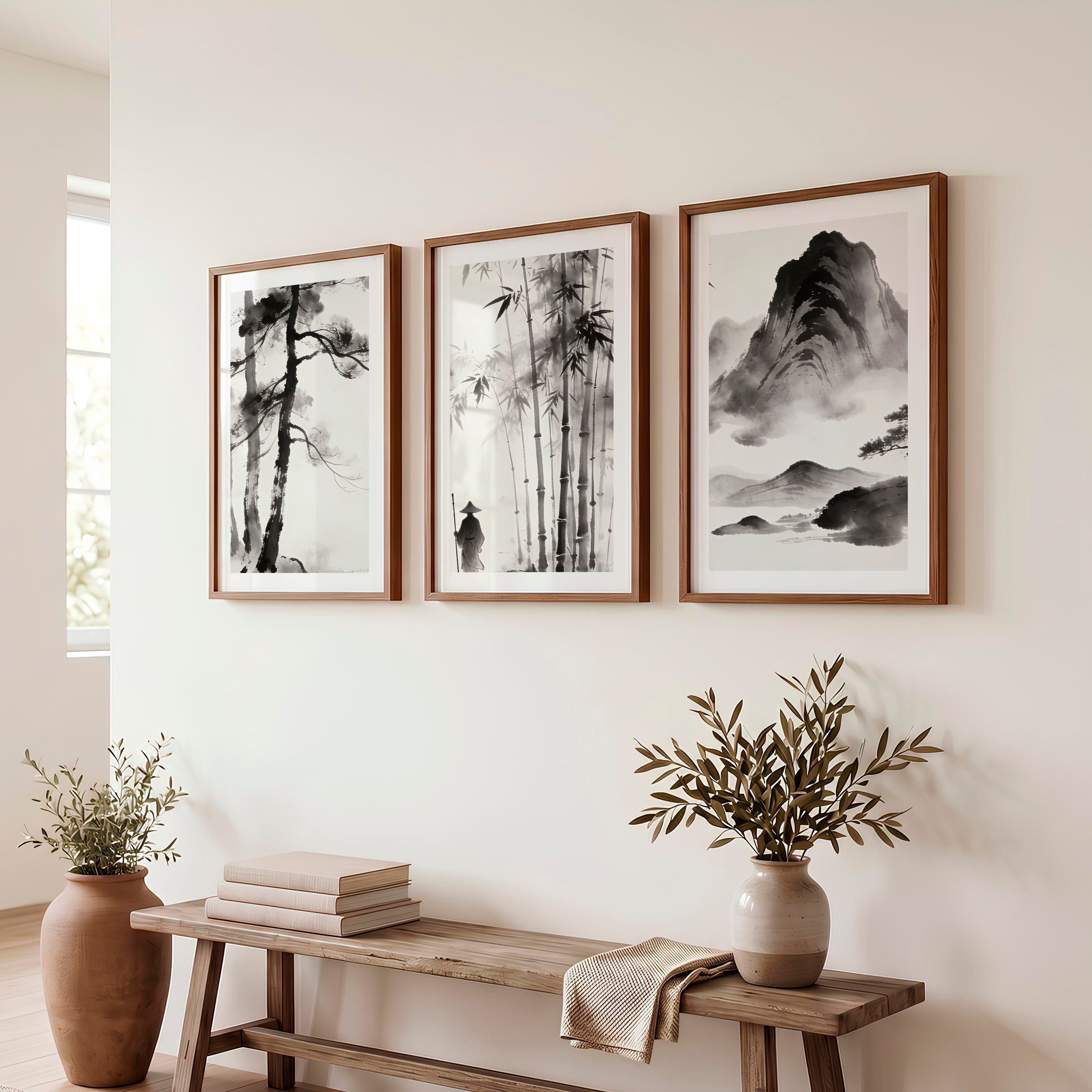 Bamboo Mountain Ink Painting for dark japandi interior design - Dark Brown Framed Poster with White Border - Artworksets