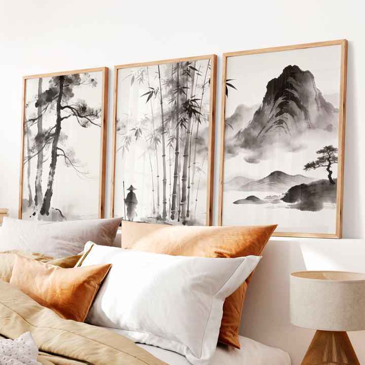 Bamboo Mountain Ink Painting for dark japandi interior design - Natural Wood Framed Poster No Border - Artworksets