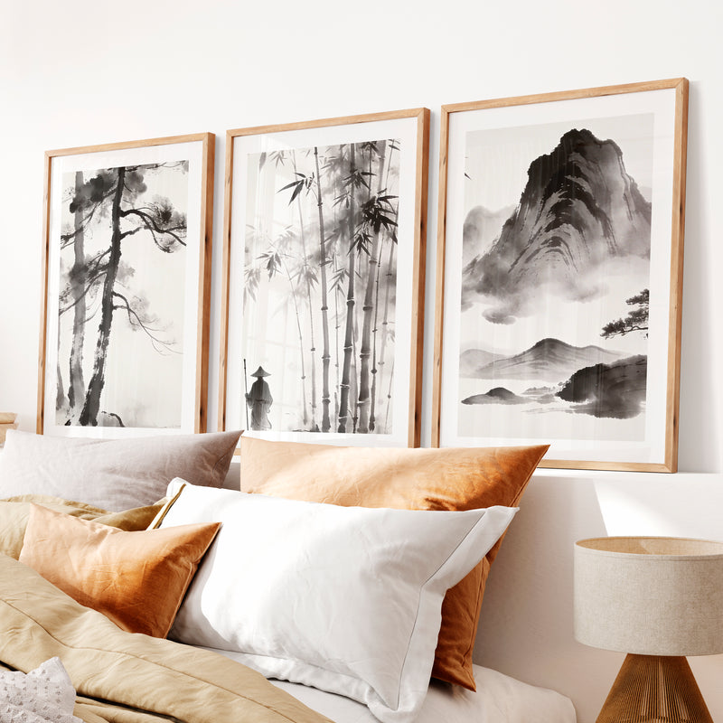 Bamboo Mountain Ink Painting for dark japandi interior design- Natural Wood Framed Poster with White Border - Artworksets