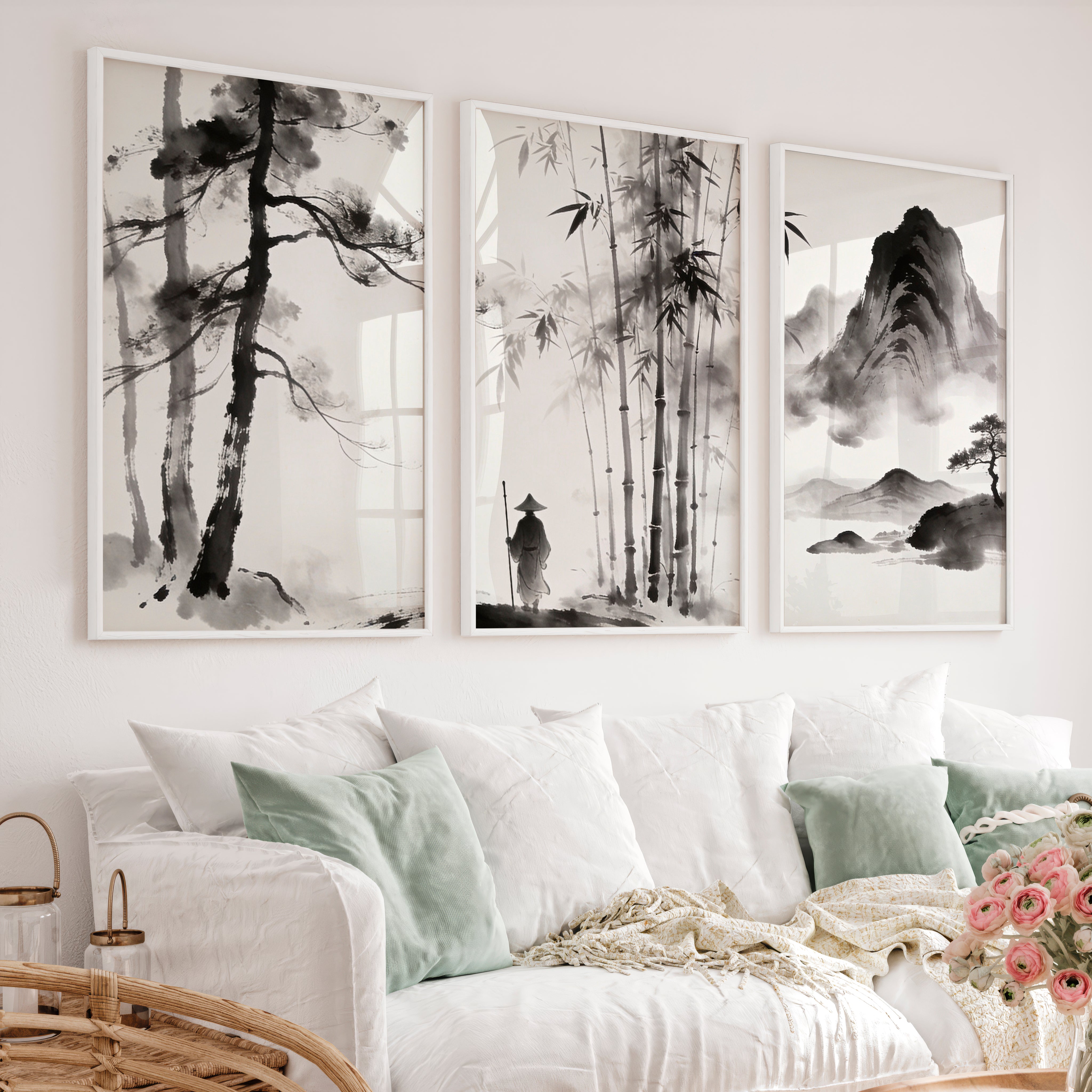 Bamboo Mountain Ink Painting for dark japandi interior design - White Framed Poster No Border - Artworksets