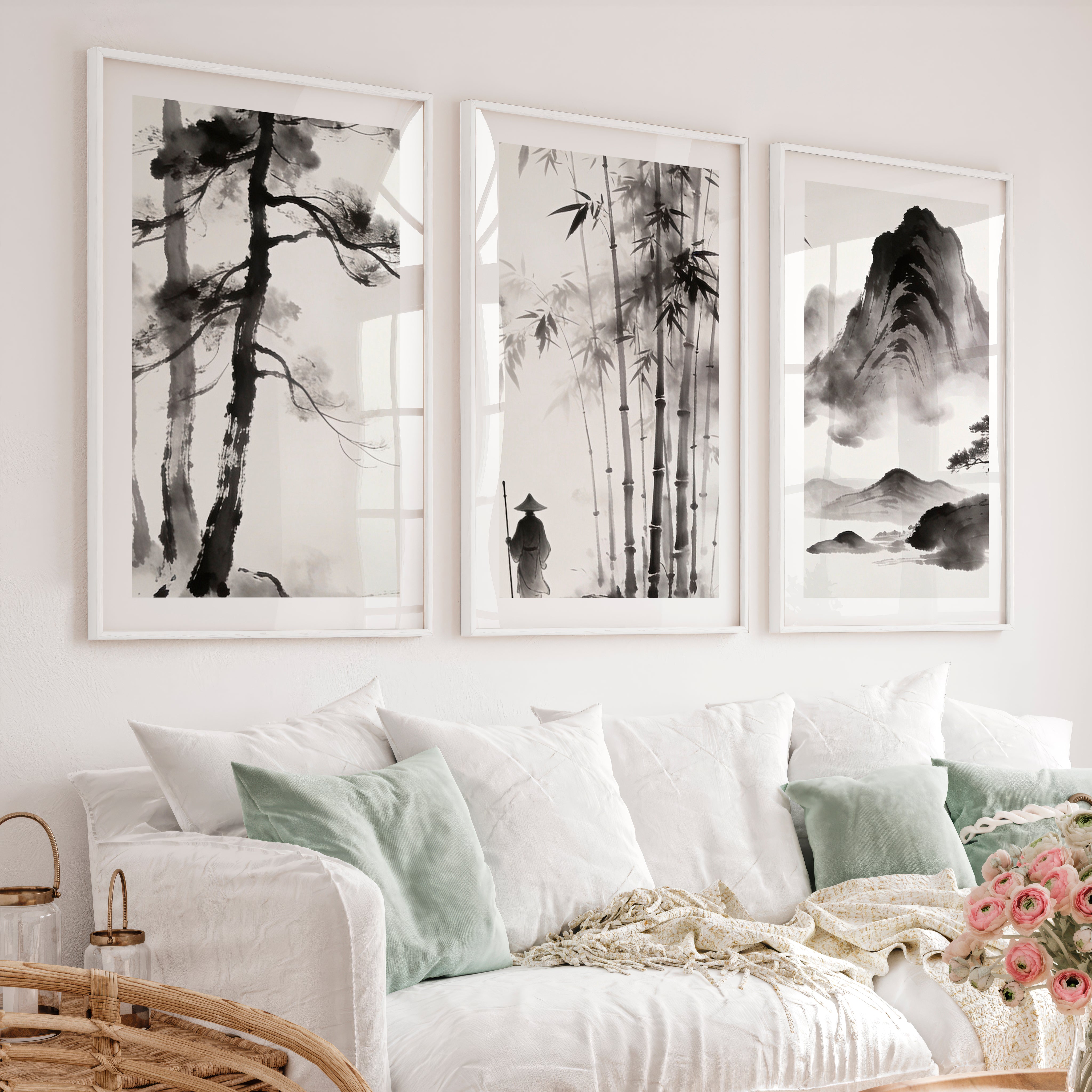 Bamboo Mountain Ink Painting for dark japandi interior design - White Framed Poster with White Border - Artworksets