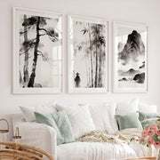 Bamboo Mountain Ink Painting for dark japandi interior design - White Framed Poster with White Border - Artworksets