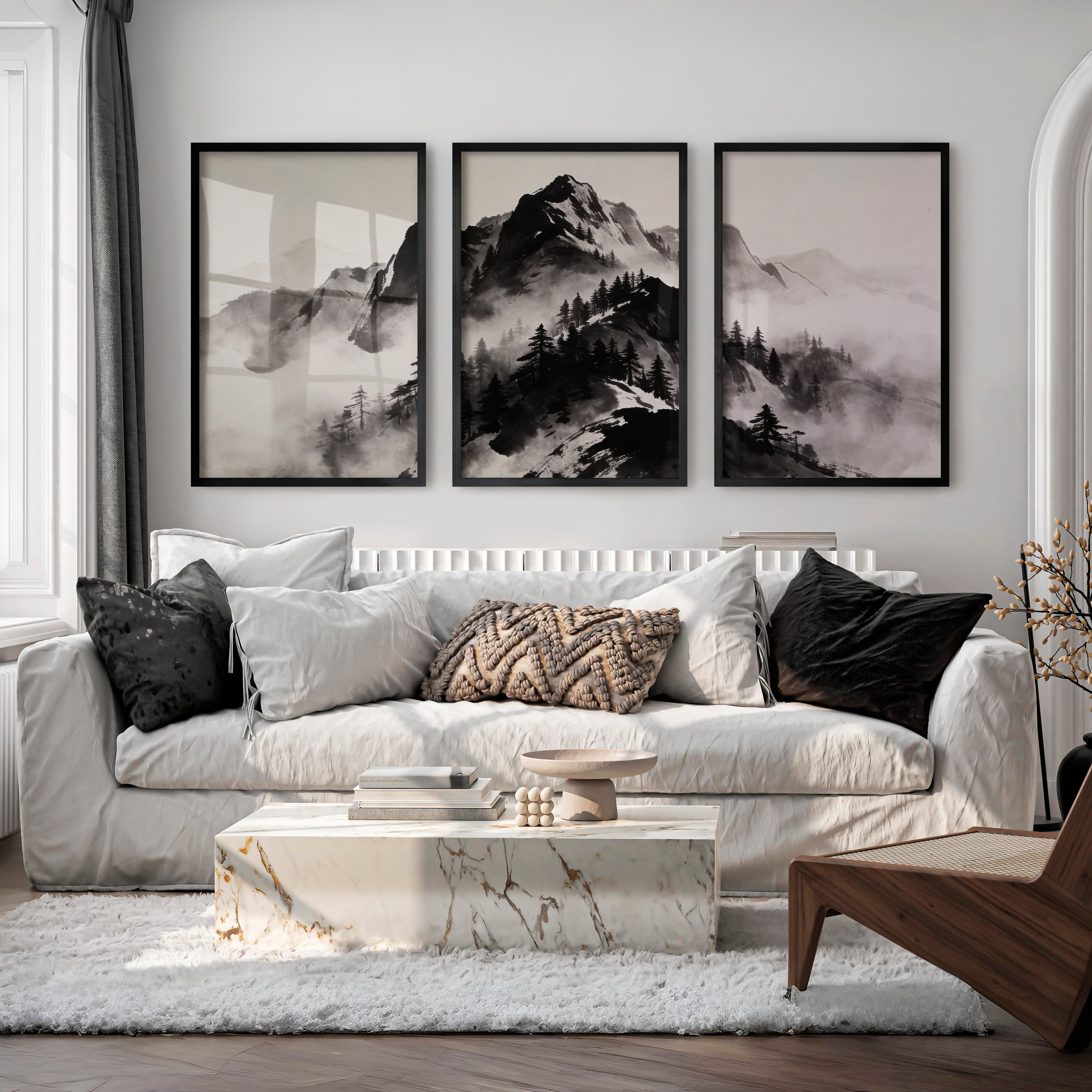 Misty Ink Mountains for dark japandi interior design - Black Framed Poster No Border - Artworksets
