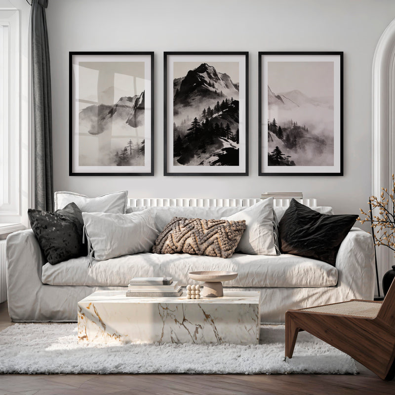 Misty Ink Mountains for dark japandi interior design - Black Framed Poster with White Border - Artworksets