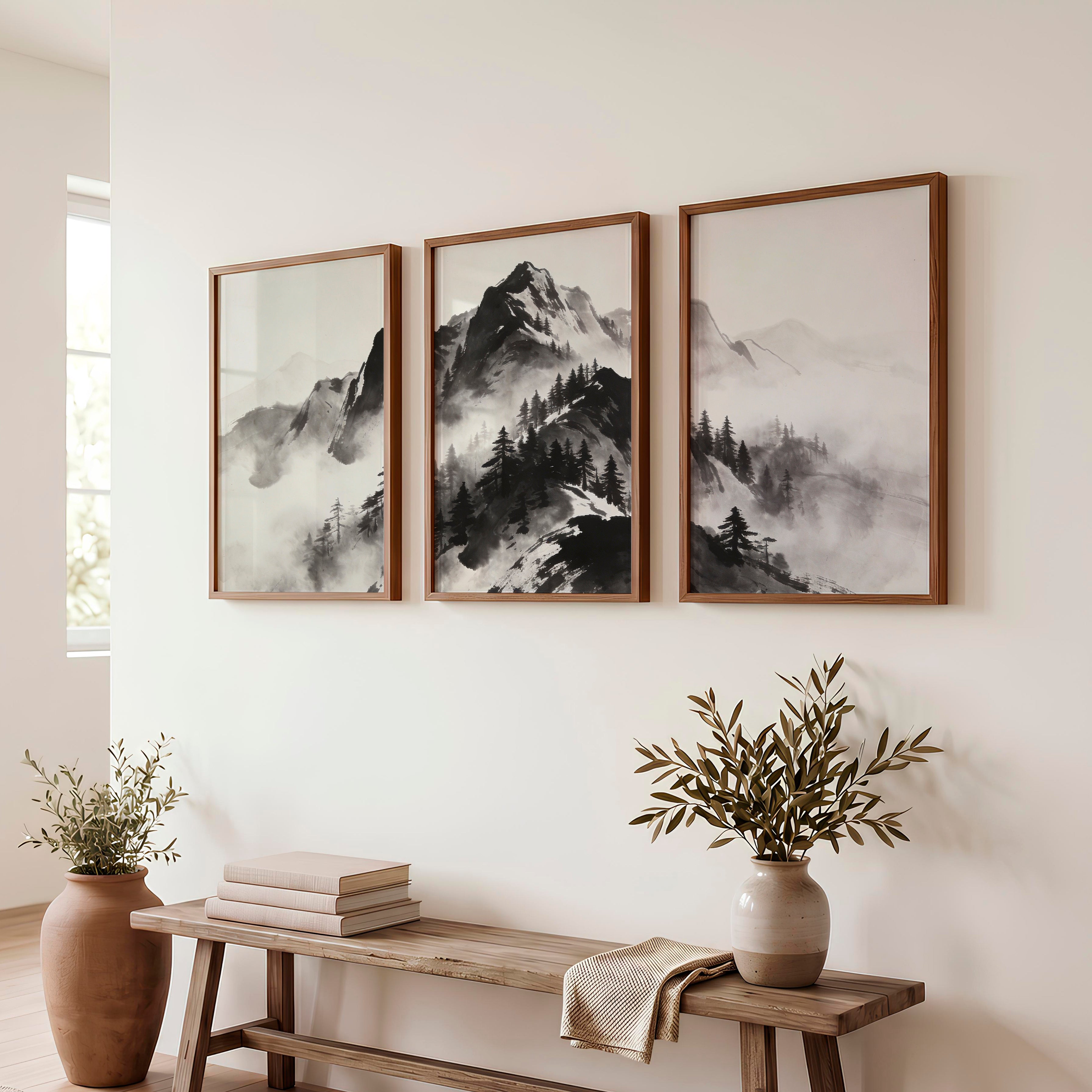 Misty Ink Mountains for dark japandi interior design - Dark Brown Framed Poster No Border - Artworksets