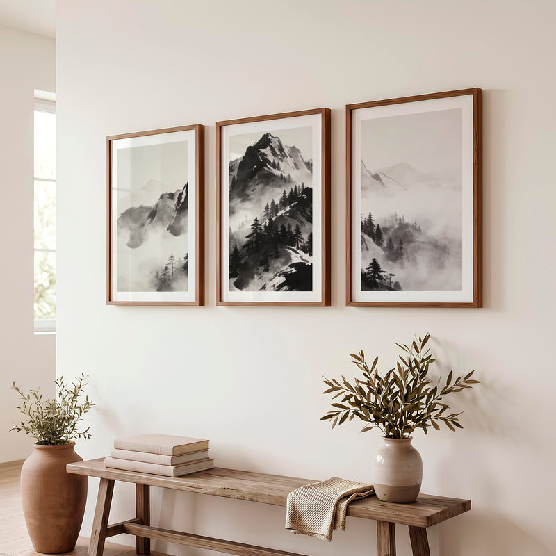 Misty Ink Mountains for dark japandi interior design - Dark Brown Framed Poster with White Border - Artworksets