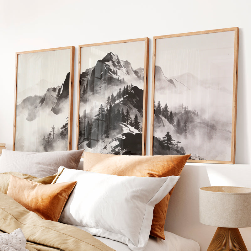 Misty Ink Mountains for dark japandi interior design - Natural Wood Framed Poster No Border - Artworksets