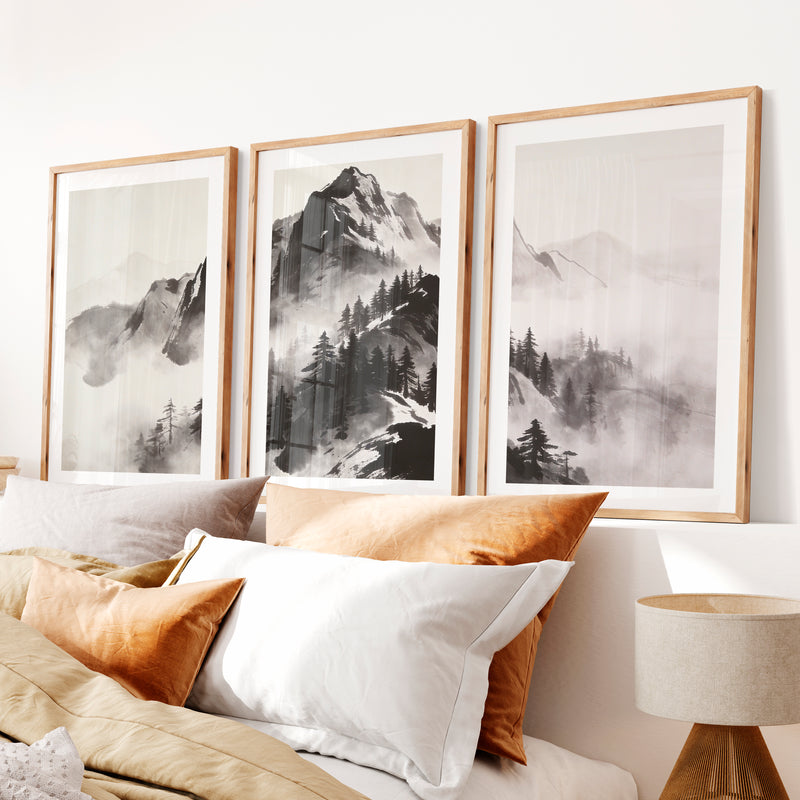 Misty Ink Mountains for dark japandi interior design- Natural Wood Framed Poster with White Border - Artworksets