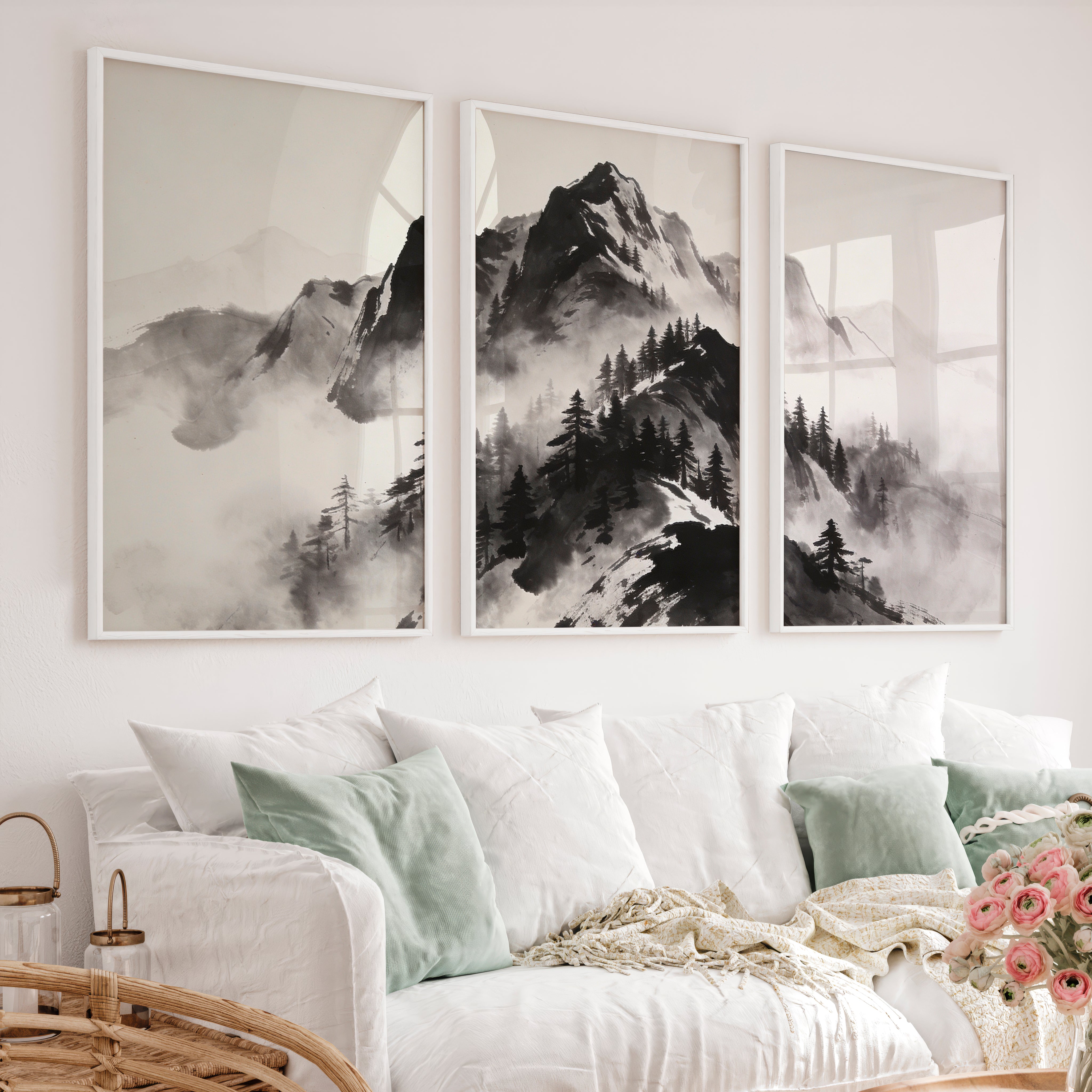 Misty Ink Mountains for dark japandi interior design - White Framed Poster No Border - Artworksets