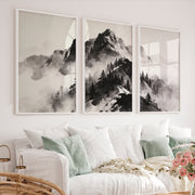 Misty Ink Mountains for dark japandi interior design - White Framed Poster No Border - Artworksets