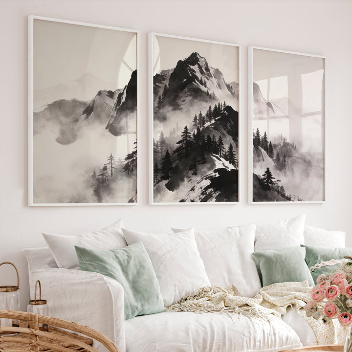 Misty Ink Mountains for dark japandi interior design - White Framed Poster No Border - Artworksets