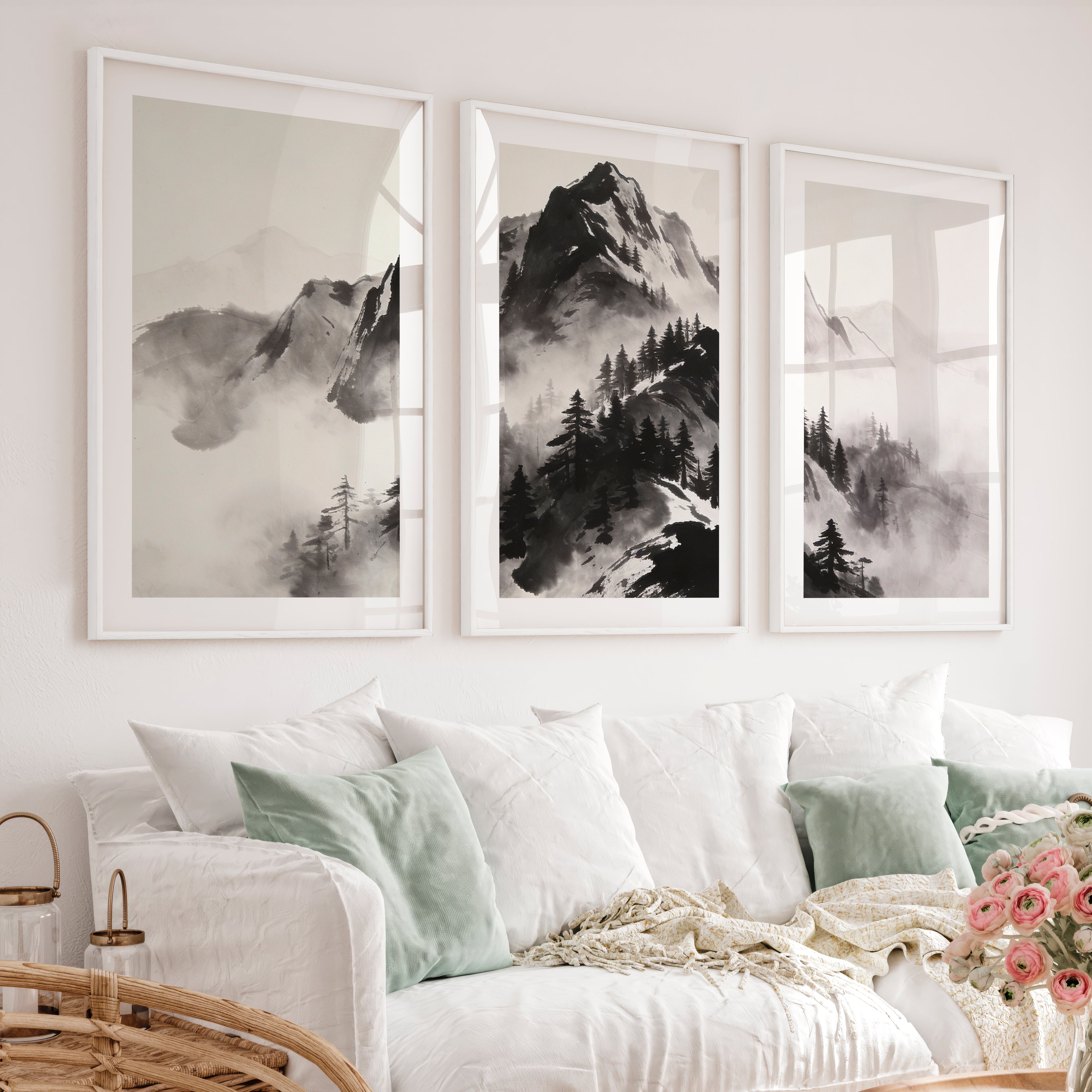 Misty Ink Mountains for dark japandi interior design - White Framed Poster with White Border - Artworksets