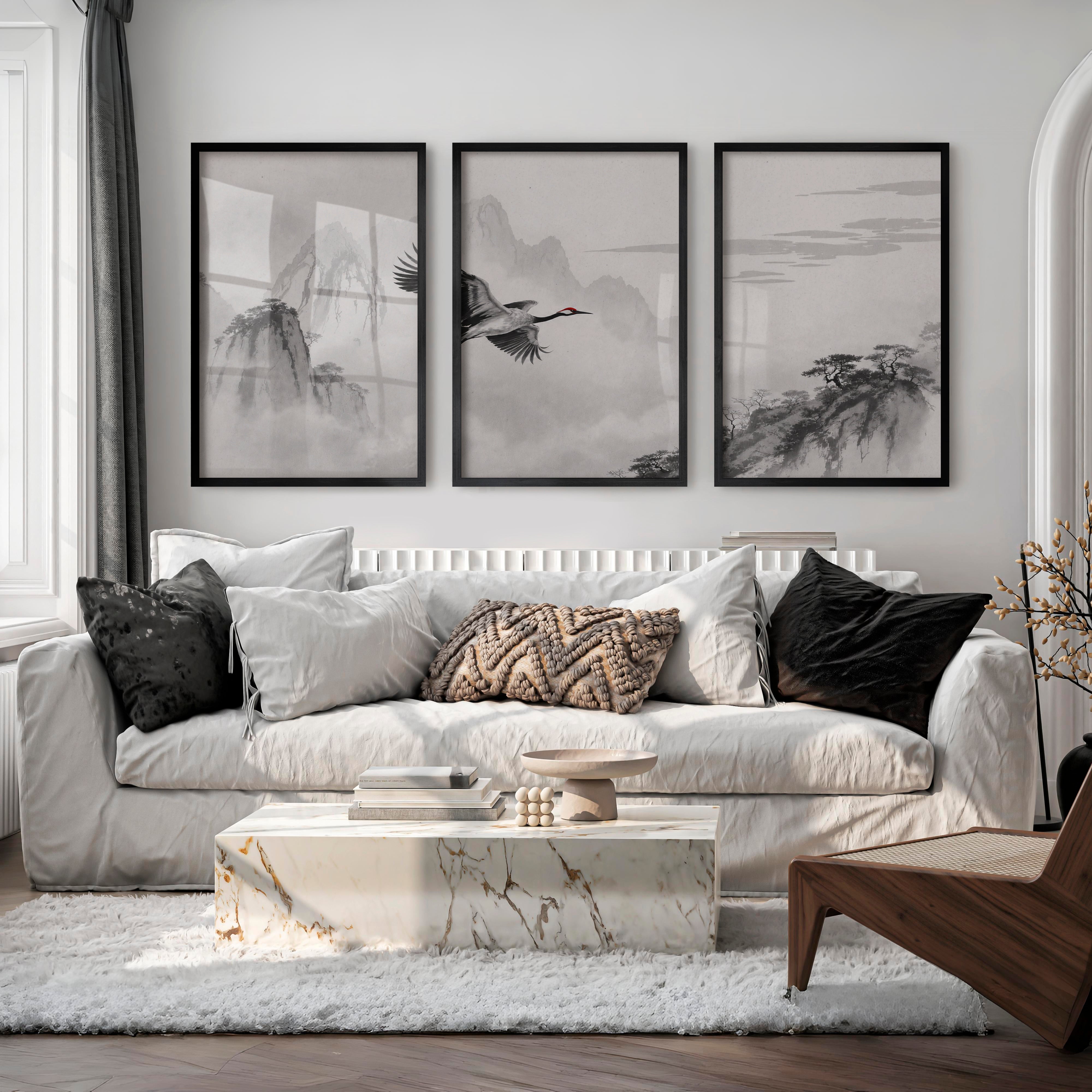 Flying Crane Mountain Wall Art in dark japandi style - Black Framed Poster No Border - Artworksets