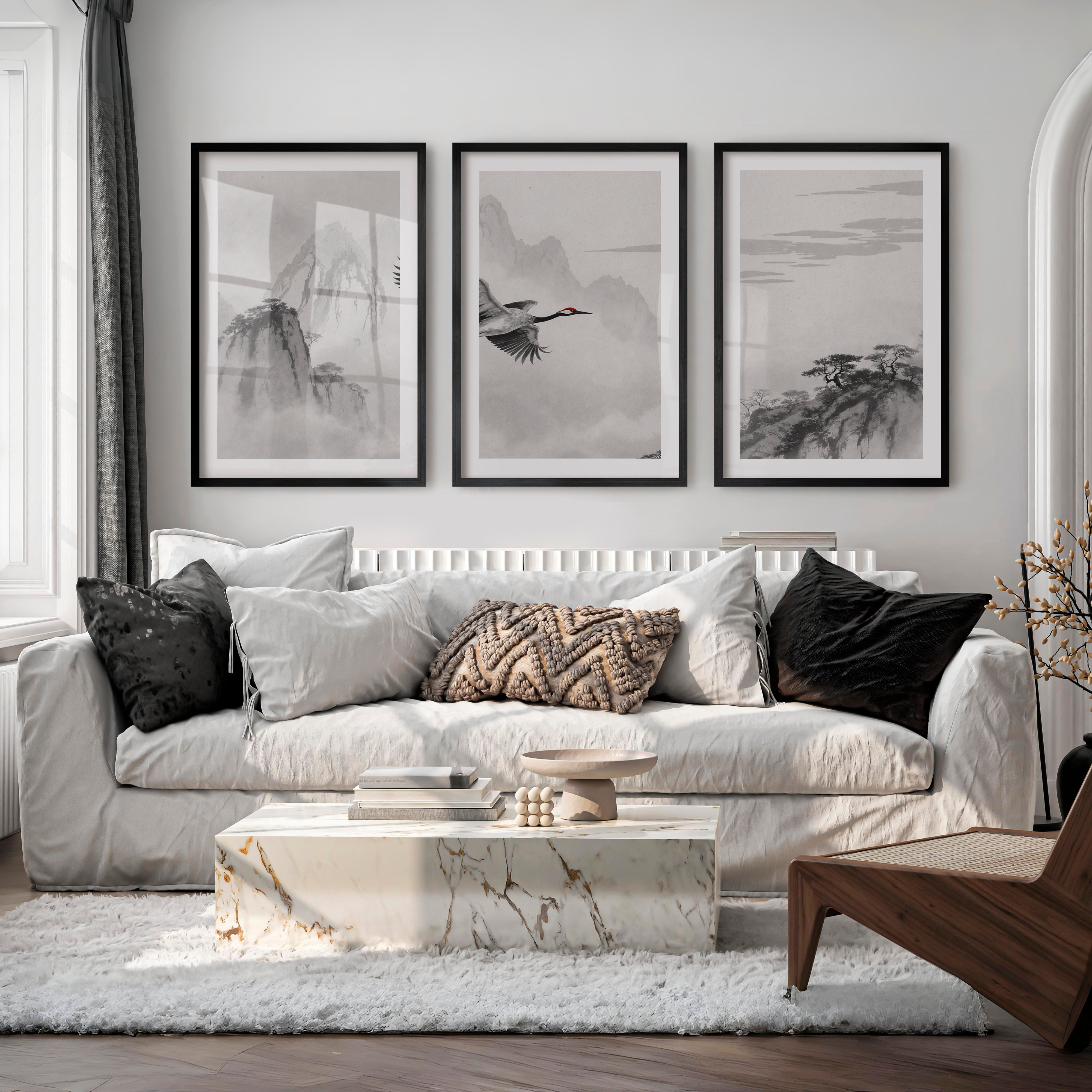 Flying Crane Mountain Wall Art in dark japandi style - Black Framed Poster with White Border - Artworksets
