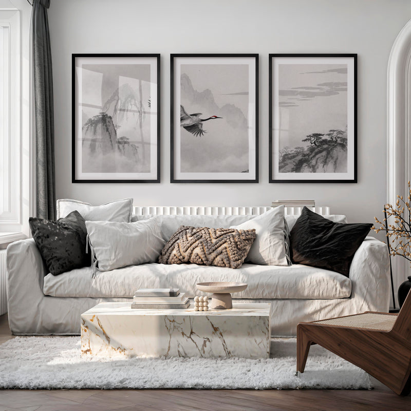 Flying Crane Mountain Wall Art in dark japandi style - Black Framed Poster with White Border - Artworksets