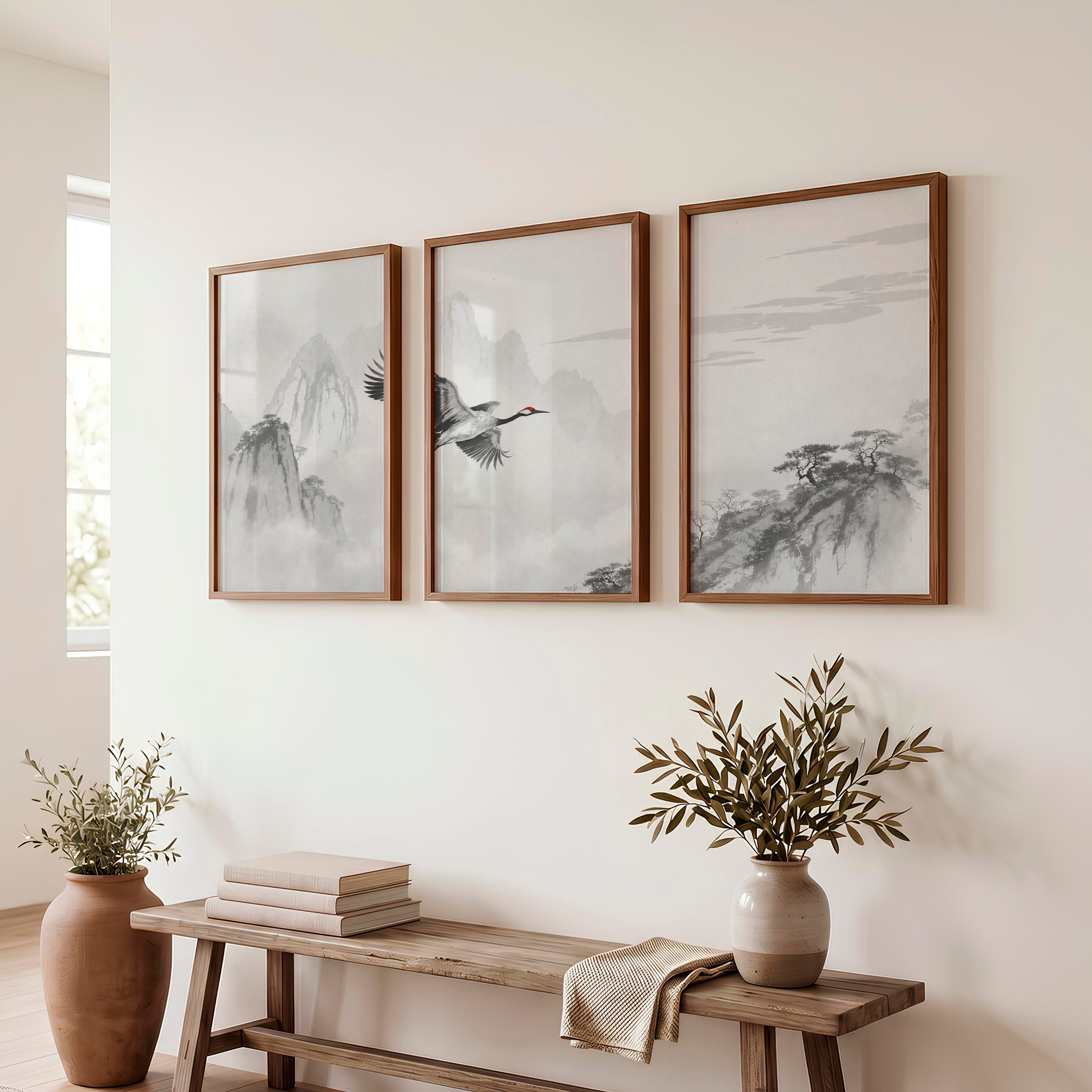 Flying Crane Mountain Wall Art in dark japandi style - Dark Brown Framed Poster No Border - Artworksets