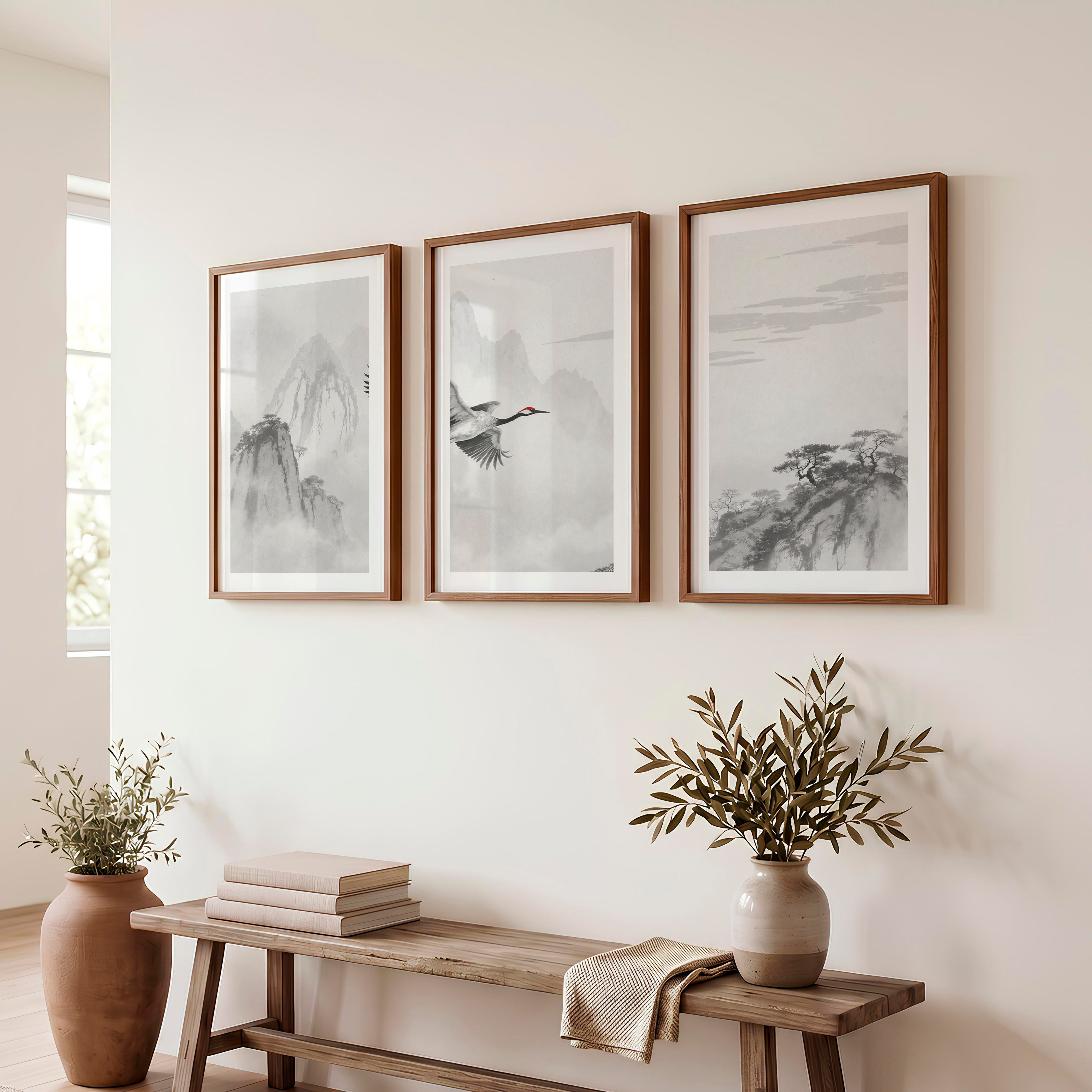 Flying Crane Mountain Wall Art in dark japandi style - Dark Brown Framed Poster with White Border - Artworksets