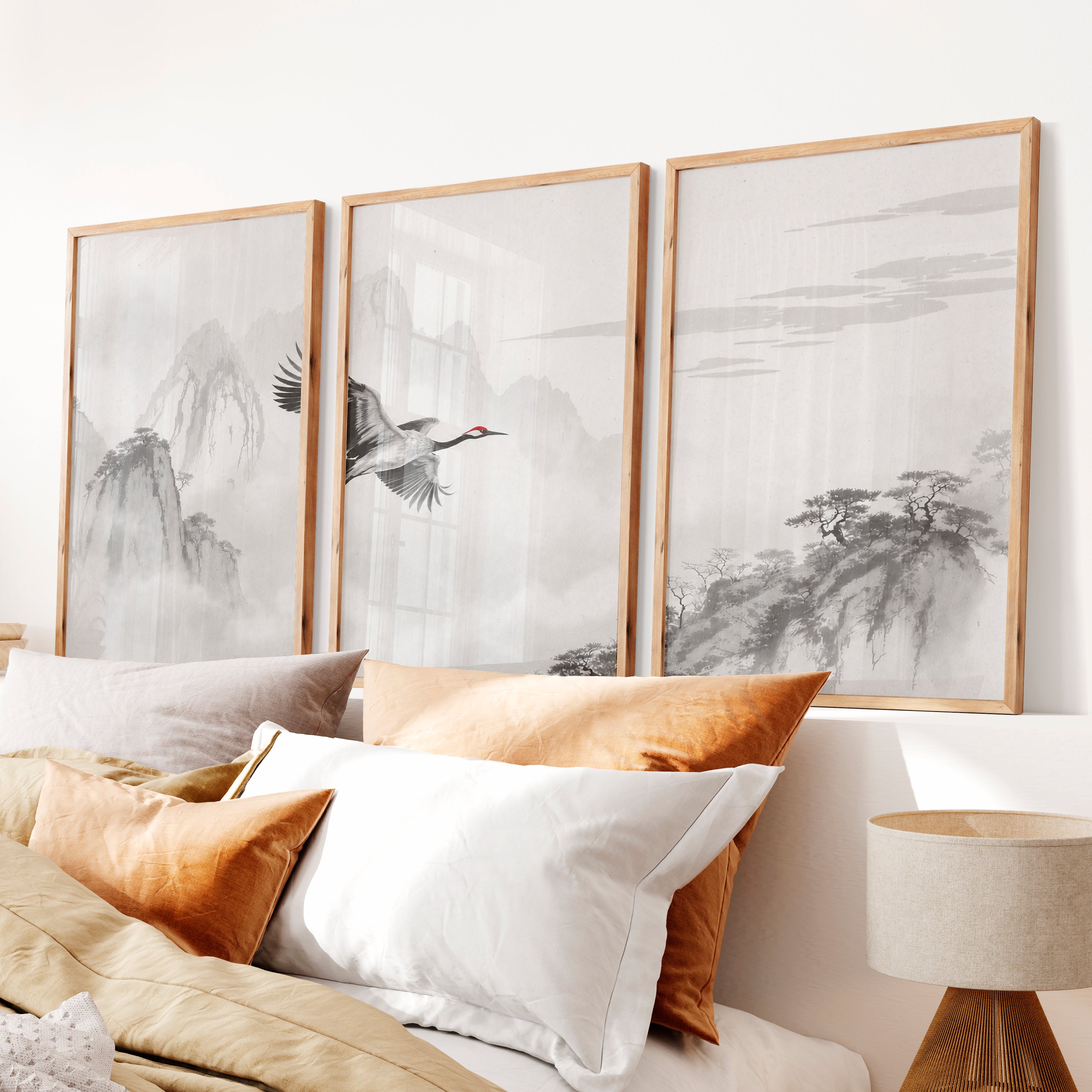 Flying Crane Mountain Wall Art in dark japandi style - Natural Wood Framed Poster No Border - Artworksets