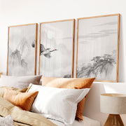 Flying Crane Mountain Wall Art in dark japandi style - Natural Wood Framed Poster No Border - Artworksets