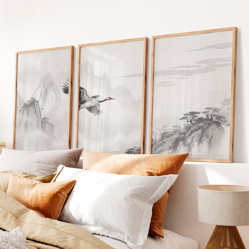 Flying Crane Mountain Wall Art in dark japandi style - Natural Wood Framed Poster No Border - Artworksets