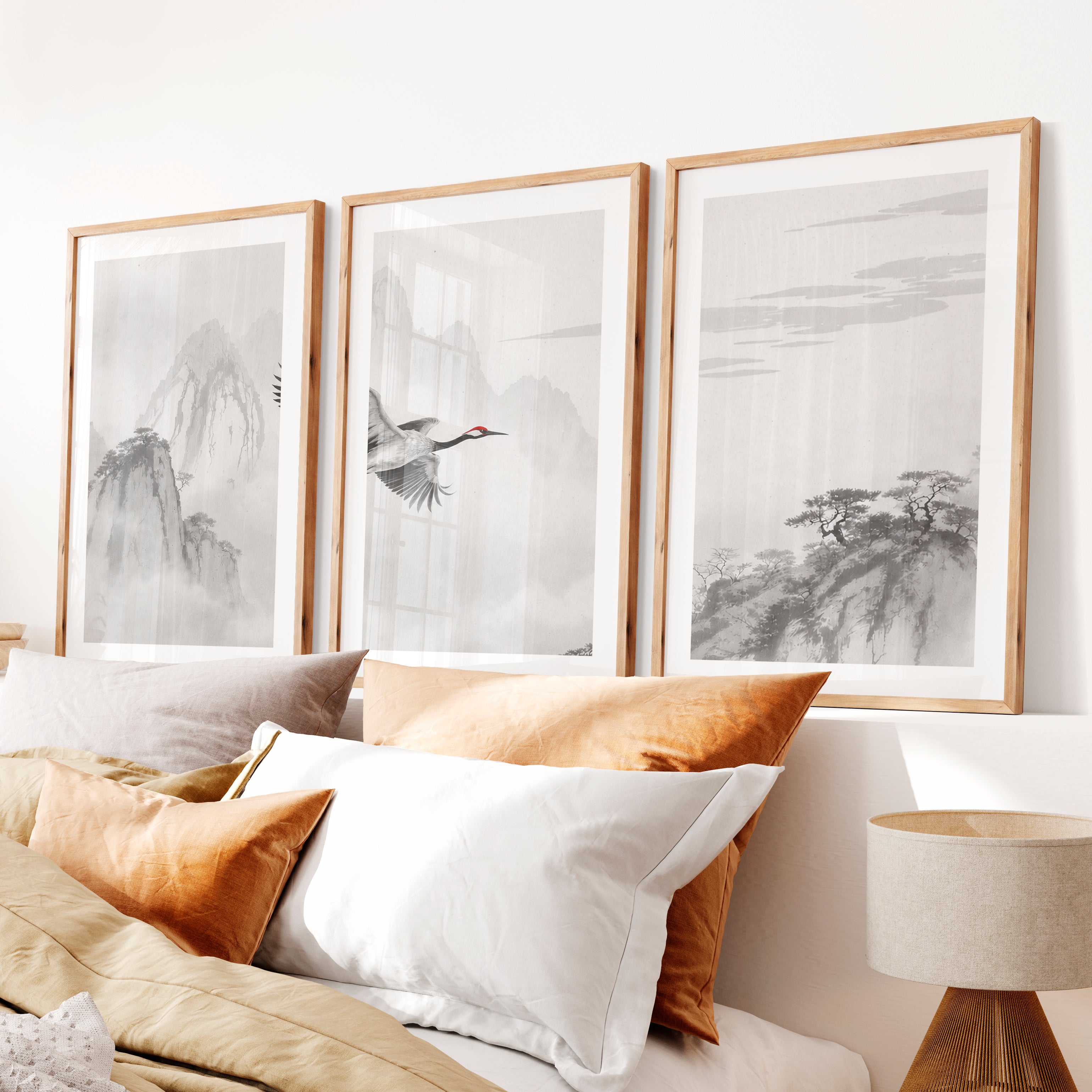 Flying Crane Mountain Wall Art in dark japandi style- Natural Wood Framed Poster with White Border - Artworksets