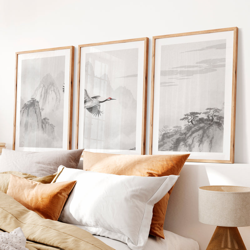 Flying Crane Mountain Wall Art in dark japandi style- Natural Wood Framed Poster with White Border - Artworksets