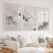 Flying Crane Mountain Wall Art in dark japandi style - White Framed Poster No Border - Artworksets