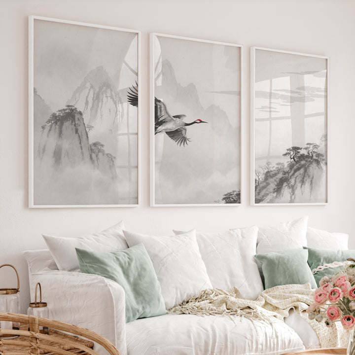 Flying Crane Mountain Wall Art in dark japandi style - White Framed Poster No Border - Artworksets