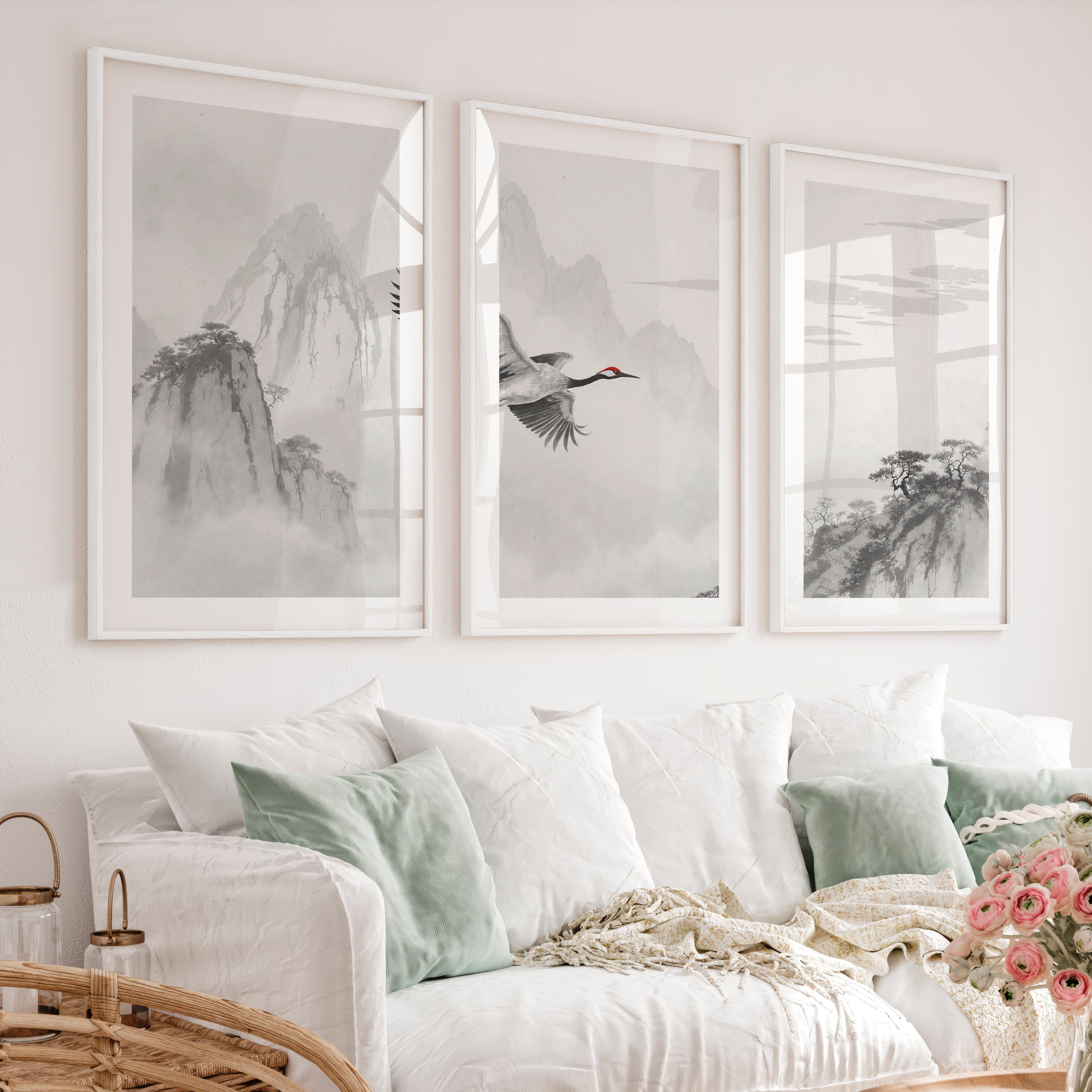 Flying Crane Mountain Wall Art in dark japandi style - White Framed Poster with White Border - Artworksets