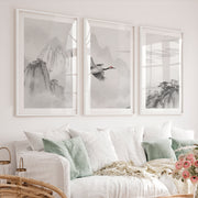Flying Crane Mountain Wall Art in dark japandi style - White Framed Poster with White Border - Artworksets