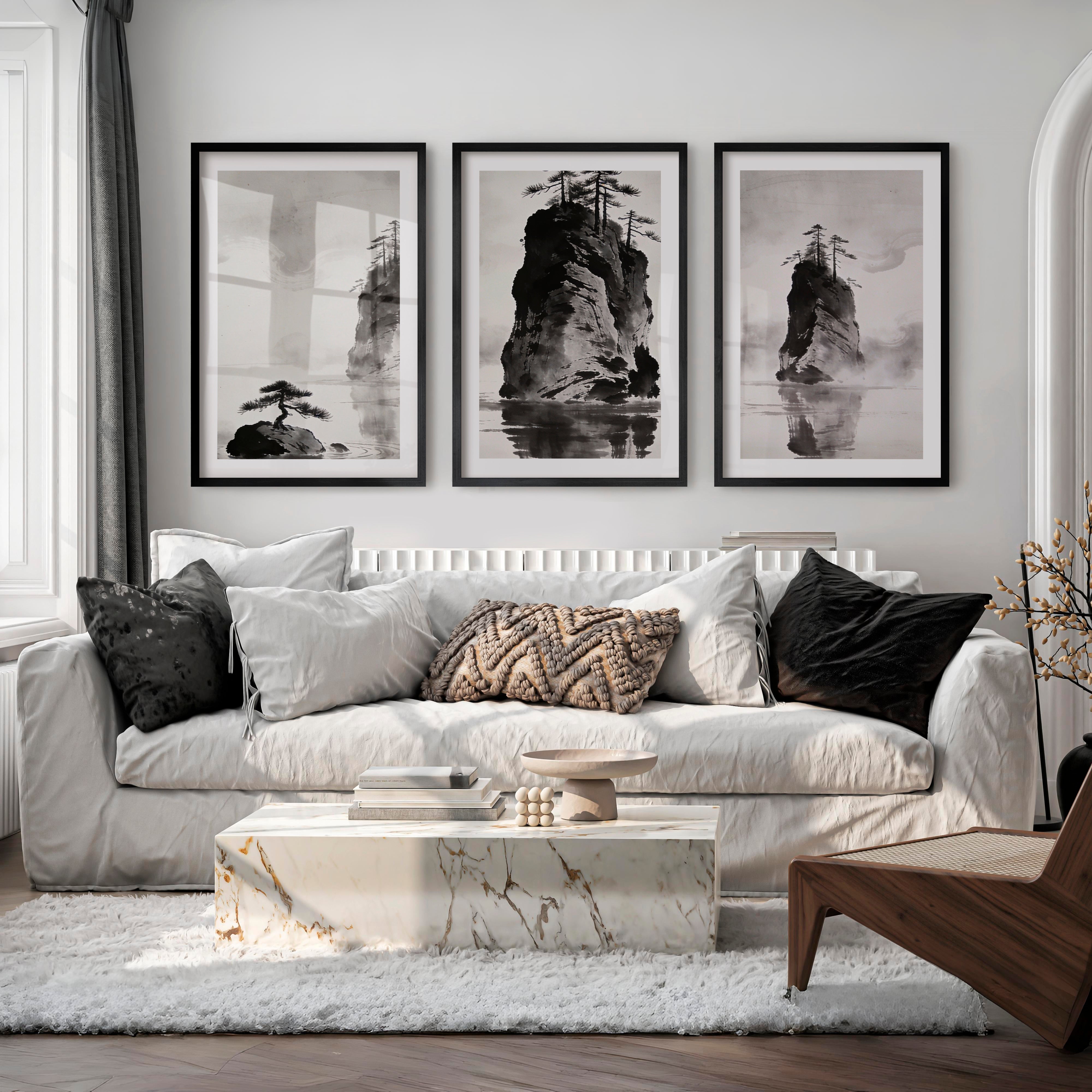 Rocky Pine Islands in dark japandi style - Black Framed Poster with White Border - Artworksets