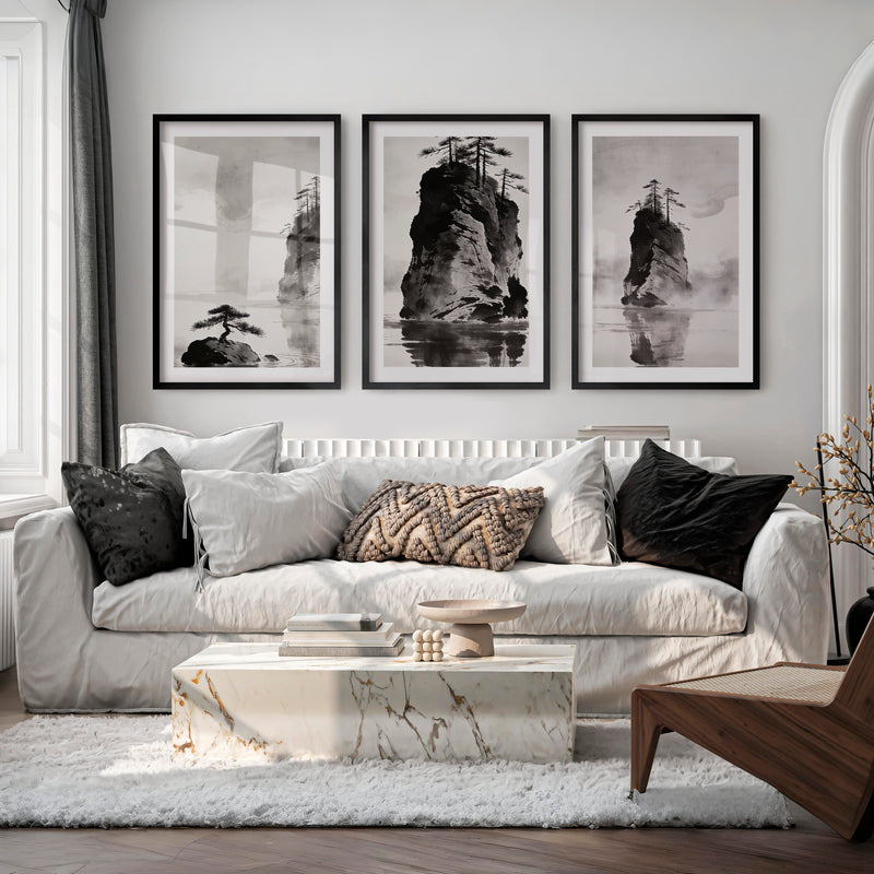 Rocky Pine Islands in dark japandi style - Black Framed Poster with White Border - Artworksets