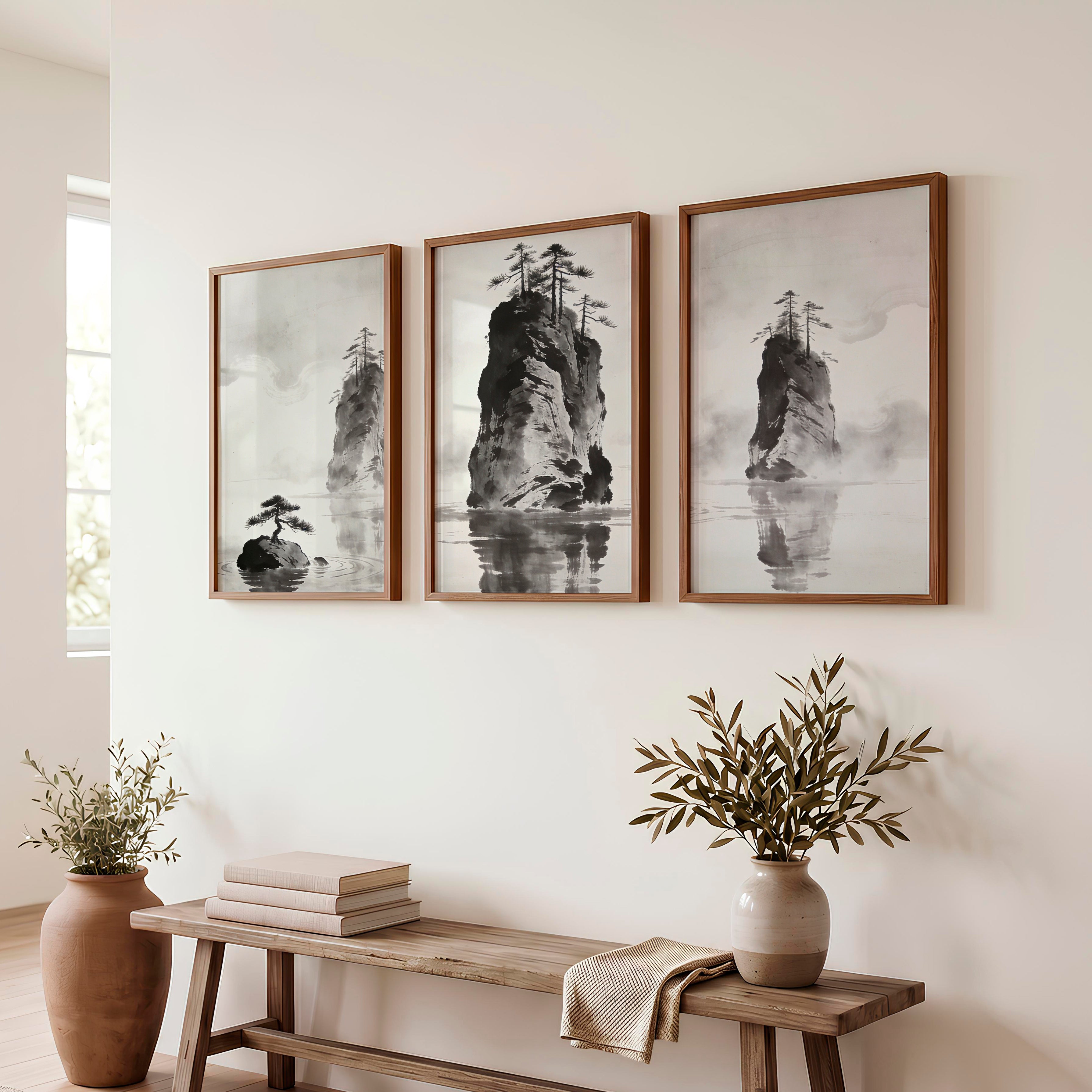 Rocky Pine Islands in dark japandi style - Dark Brown Framed Poster No Border - Artworksets