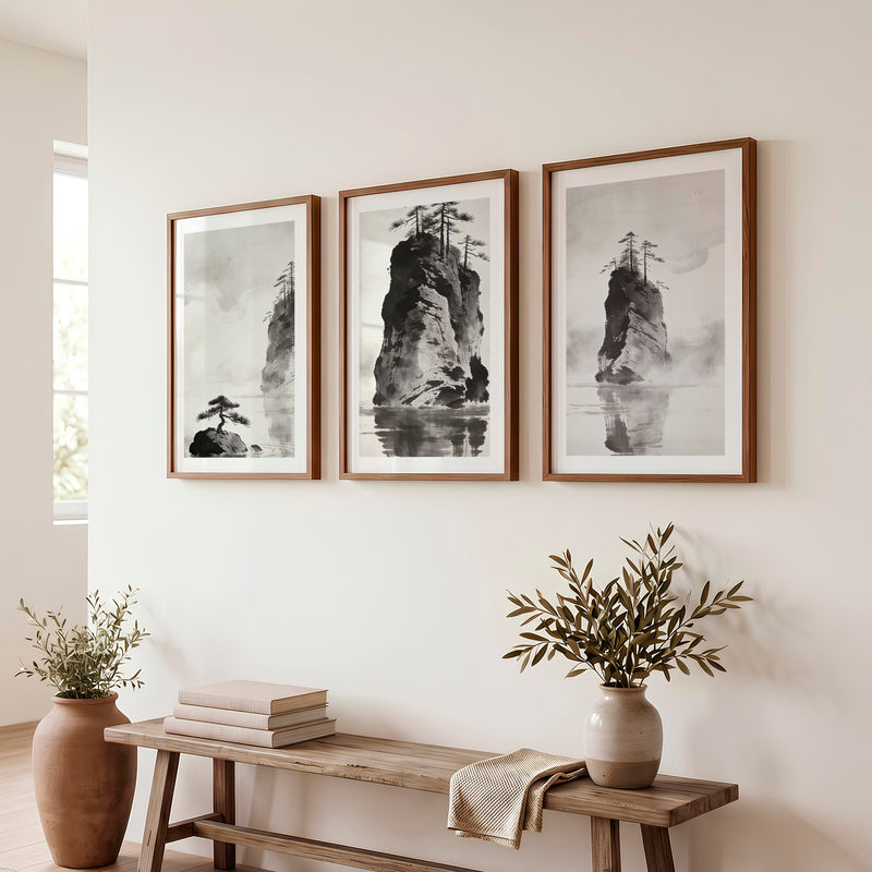 Rocky Pine Islands in dark japandi style - Dark Brown Framed Poster with White Border - Artworksets