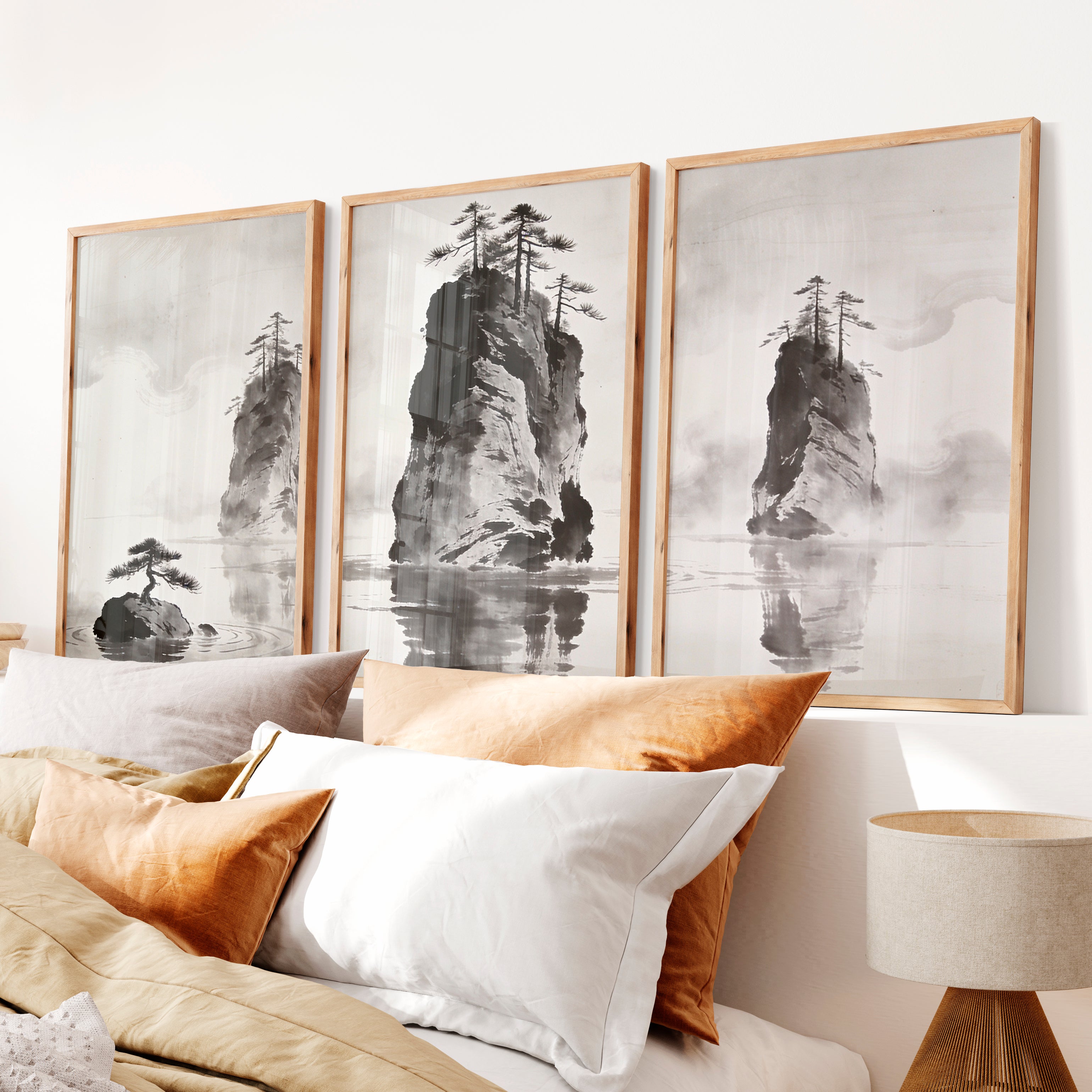 Rocky Pine Islands in dark japandi style - Natural Wood Framed Poster No Border - Artworksets