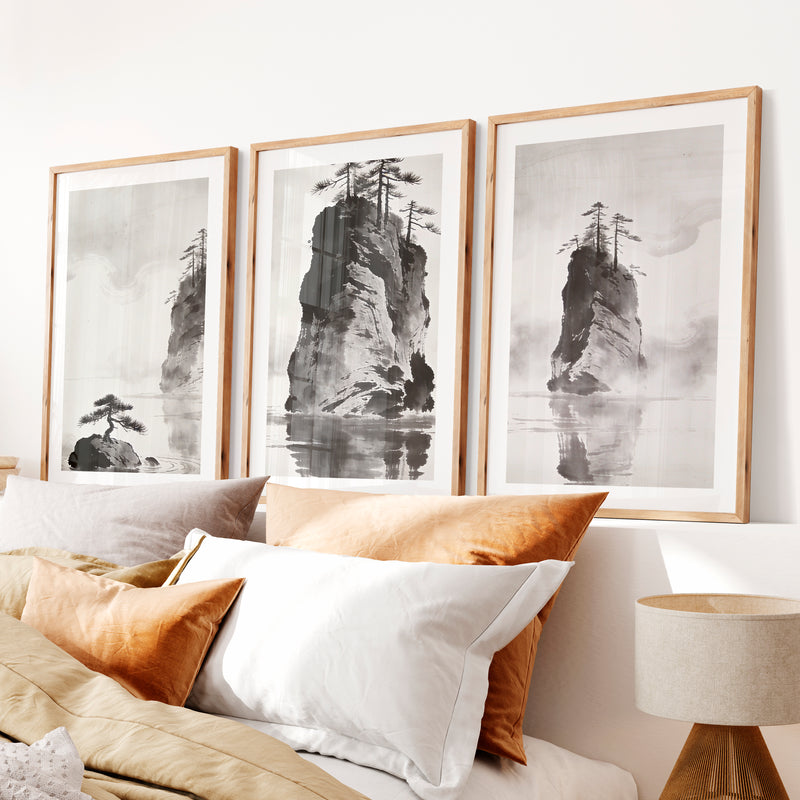 Rocky Pine Islands in dark japandi style- Natural Wood Framed Poster with White Border - Artworksets