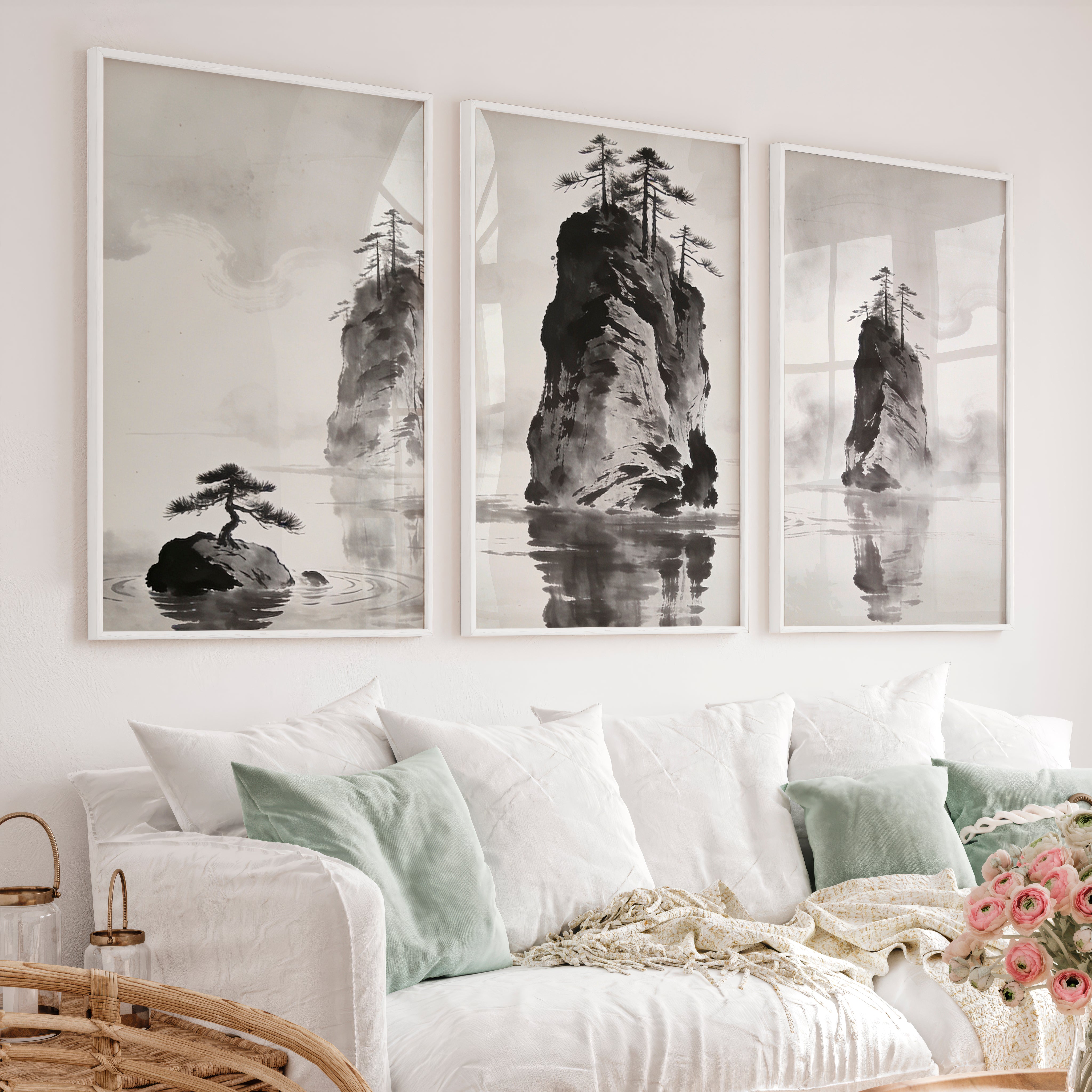 Rocky Pine Islands in dark japandi style - White Framed Poster No Border - Artworksets