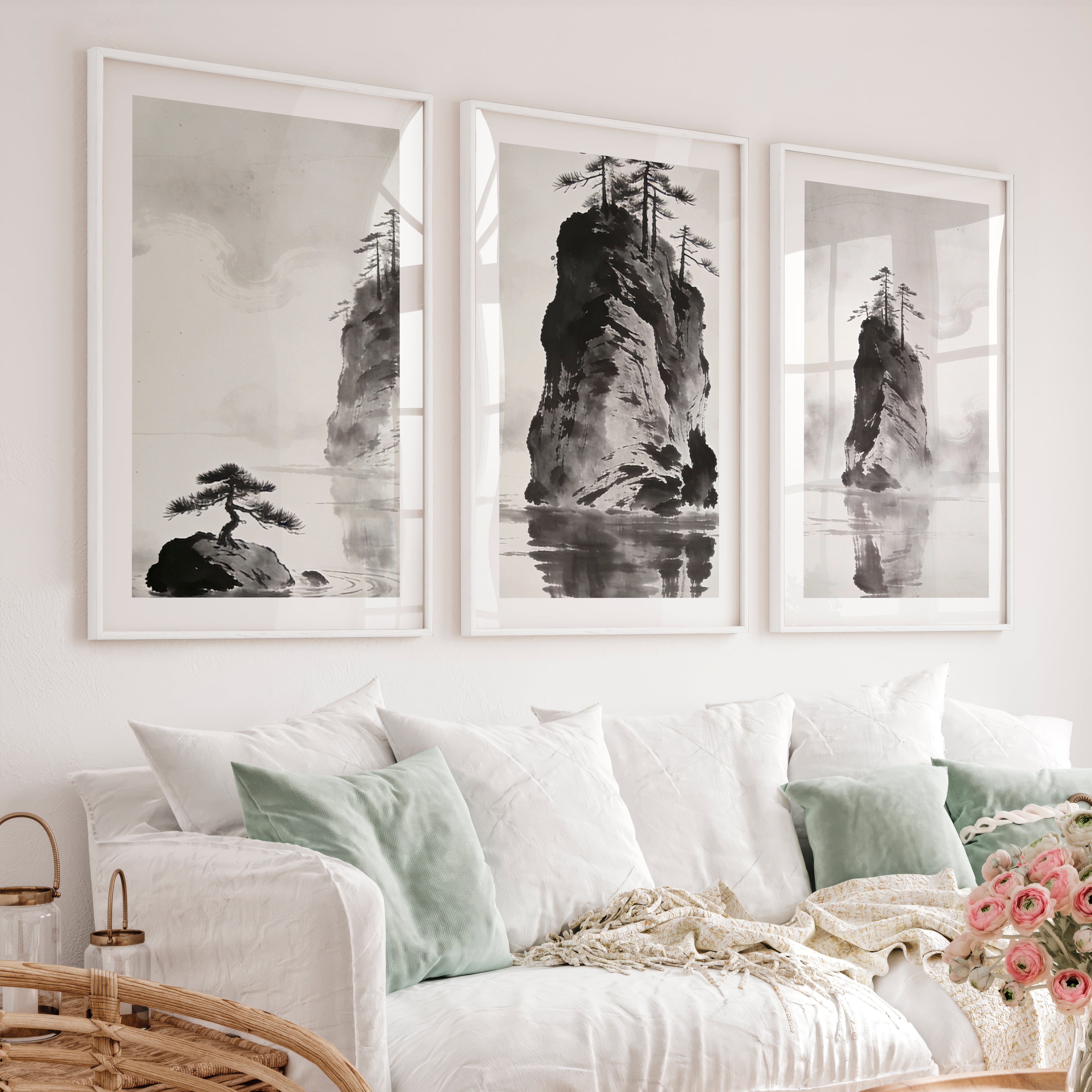 Rocky Pine Islands in dark japandi style - White Framed Poster with White Border - Artworksets