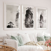 Rocky Pine Islands in dark japandi style - White Framed Poster with White Border - Artworksets