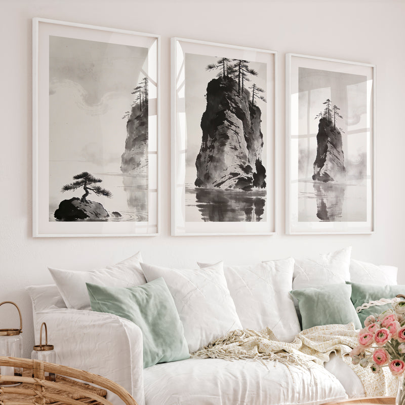 Rocky Pine Islands in dark japandi style - White Framed Poster with White Border - Artworksets