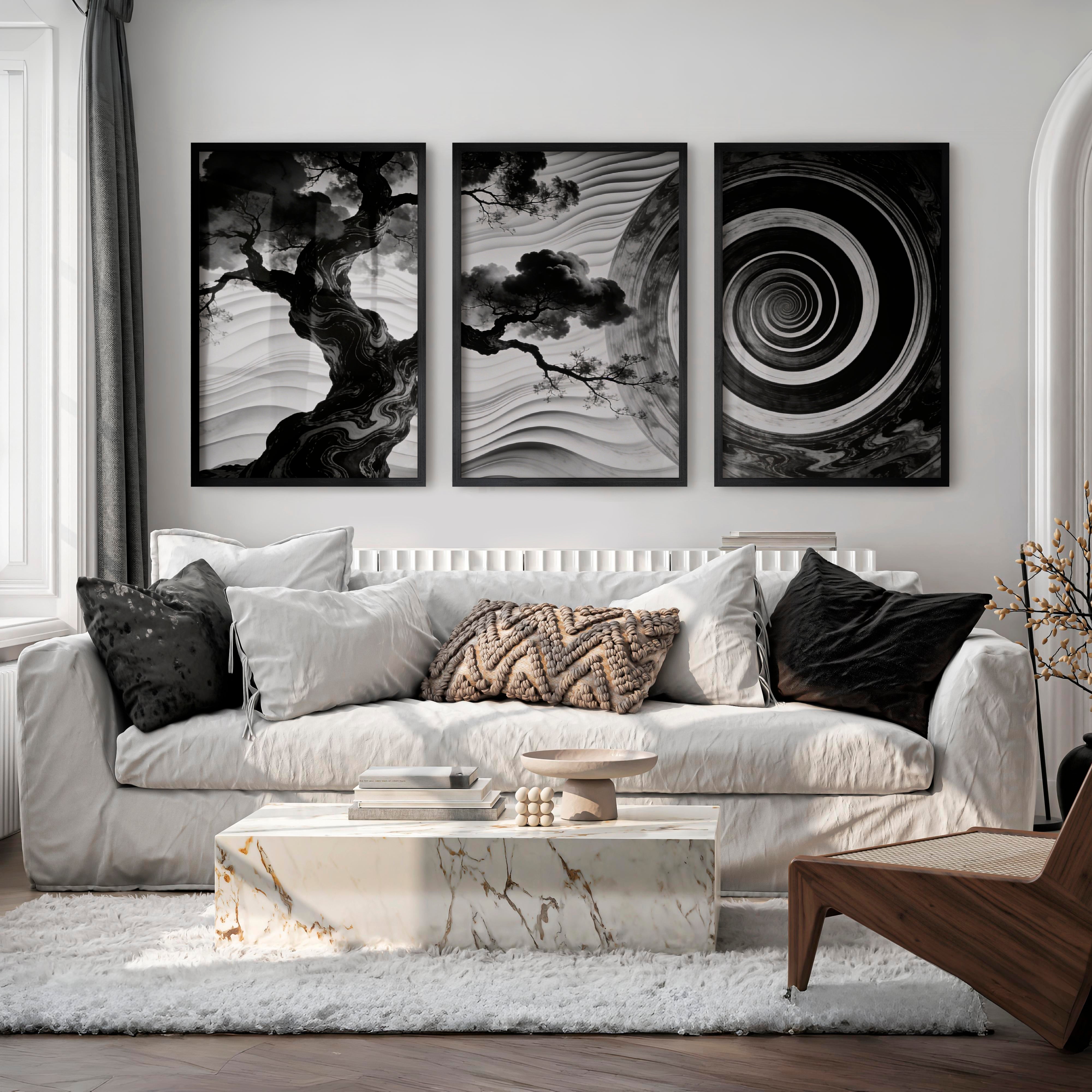 Spiral Tree in dark japandi style Wall Art - Black Framed Poster No Border - Artworksets