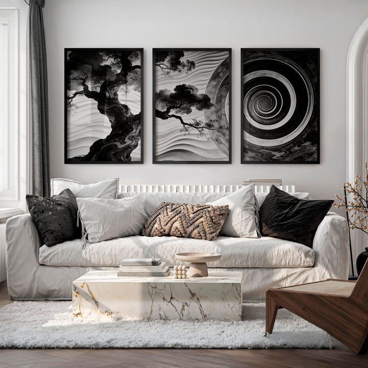 Spiral Tree in dark japandi style Wall Art - Black Framed Poster No Border - Artworksets