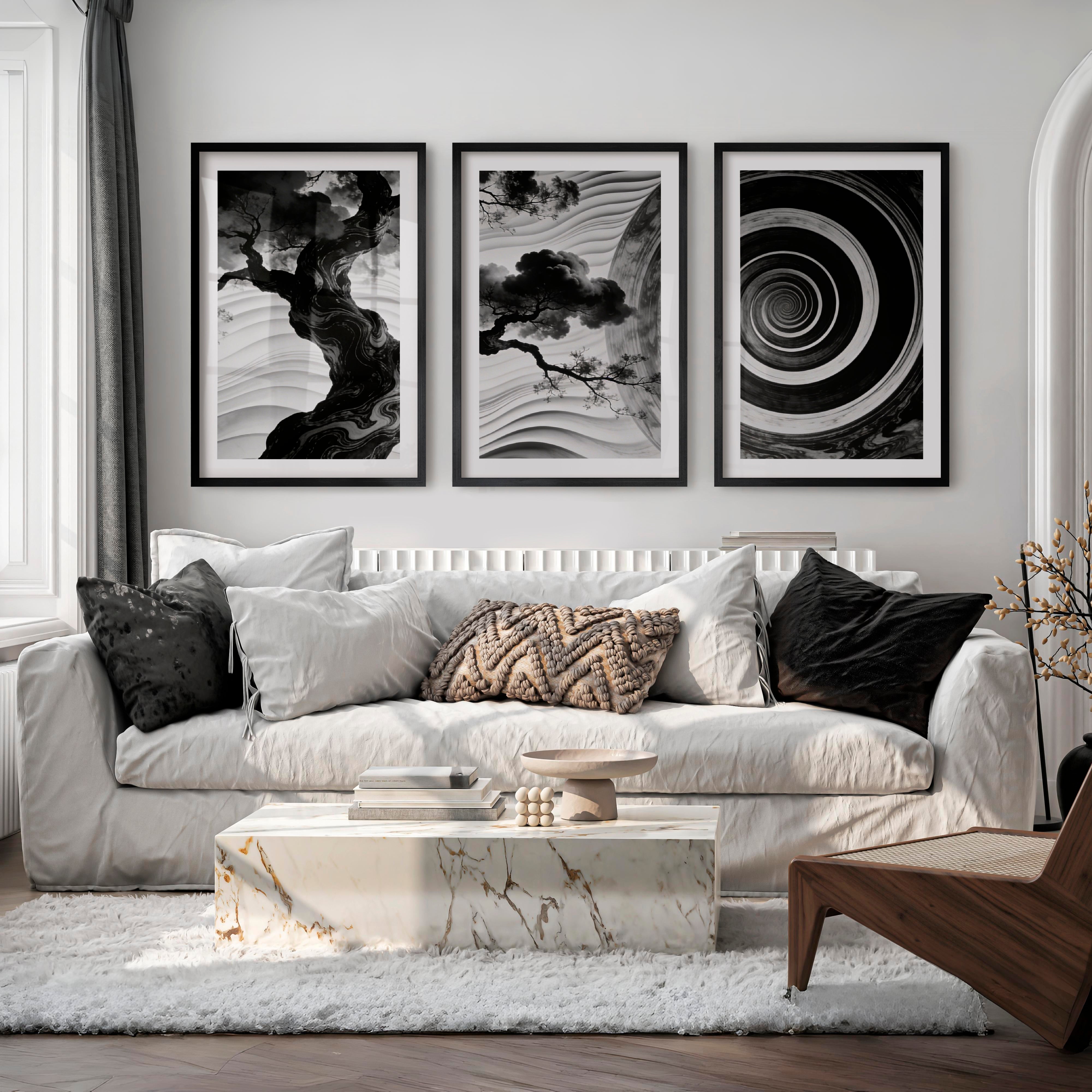 Spiral Tree in dark japandi style Wall Art - Black Framed Poster with White Border - Artworksets