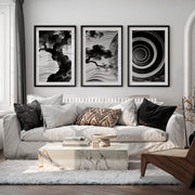 Spiral Tree in dark japandi style Wall Art - Black Framed Poster with White Border - Artworksets