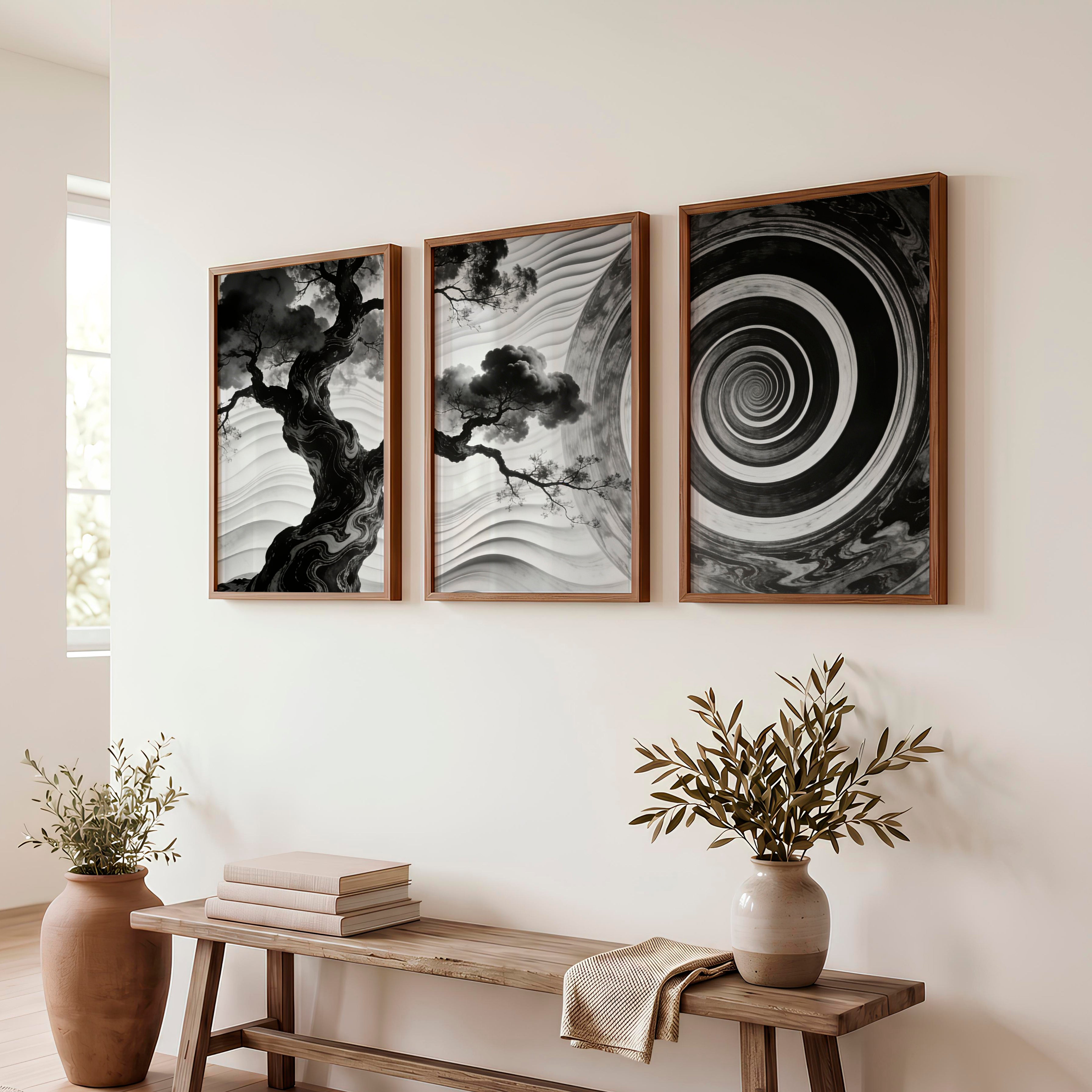 Spiral Tree in dark japandi style Wall Art - Dark Brown Framed Poster No Border - Artworksets
