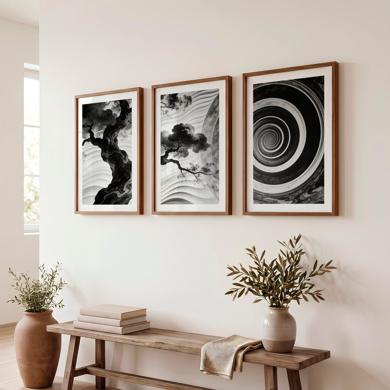 Spiral Tree in dark japandi style Wall Art - Dark Brown Framed Poster with White Border - Artworksets