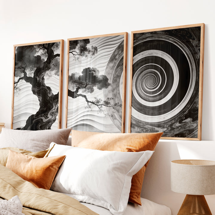 Spiral Tree in dark japandi style Wall Art - Natural Wood Framed Poster No Border - Artworksets