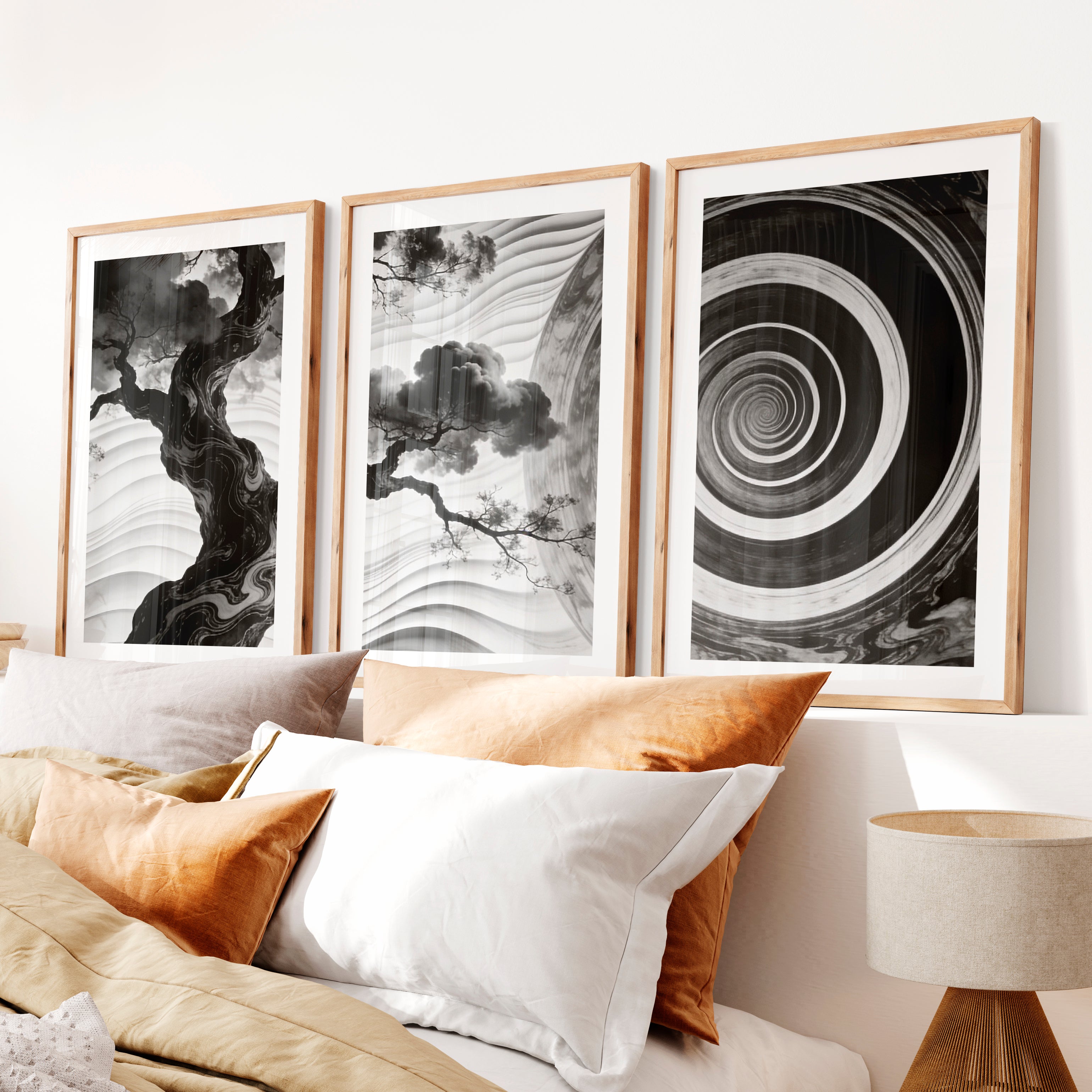 Spiral Tree in dark japandi style Wall Art- Natural Wood Framed Poster with White Border - Artworksets
